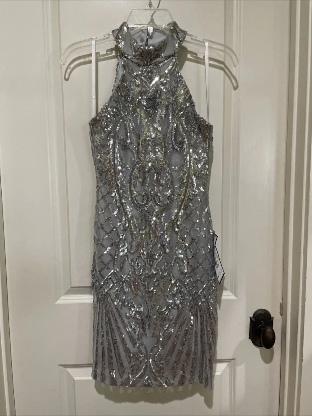 B. Darlin Silver Gray Sequin Party Cocktail Wedding Dress